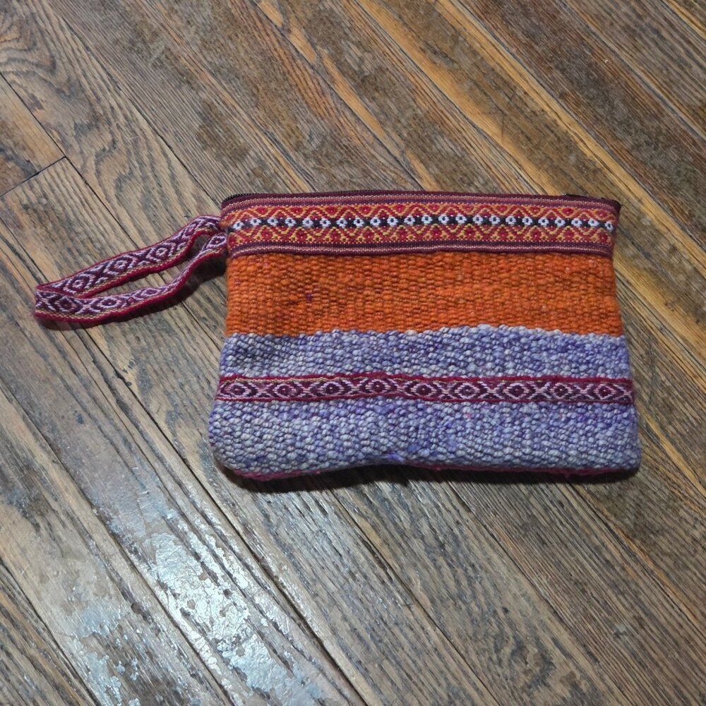 Handmade Woven Boho Wool Wristlet Pouch – Orange & Purple Tribal Pattern - Picture 4 of 6